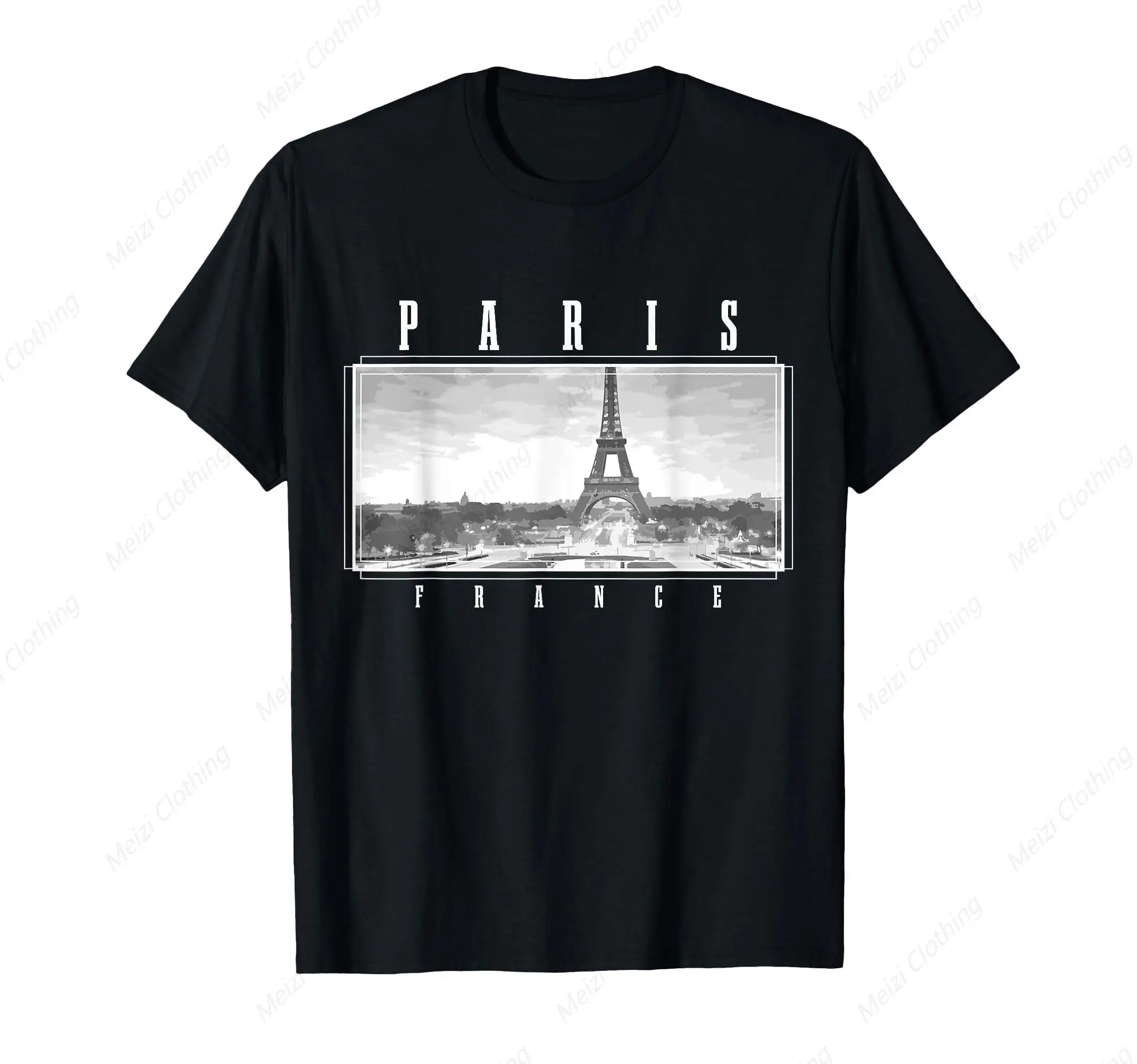 Paris Eiffel Tower pattern men's clothing French souvenir retro men's and women's T-shirt cotton short sleeved