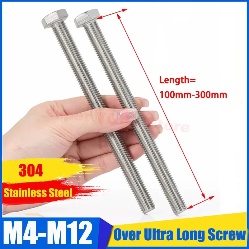 M5-M12 304 Stainless Steel Cylindrical Hexagon Head Screw Bolt Pitch 0.8mm 1mm 1.25mm 1.5mm 1.75mm Over Ultra Long 100mm-300mm