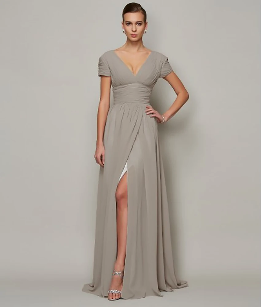 

Customized Graceful Jersey A-Line Evening Dress Delicate Short Sleeves V-Neck Floor Length فستان سهرة نسائي