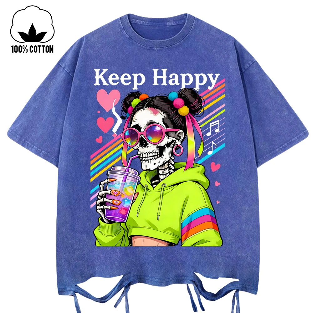 

Keep Happy красочные напитки с принтом черепов, женские футболки с потертыми отверстиями, хлопковая свободная футболка, уличная летняя одежда, топ с круглым вырезом Y2K