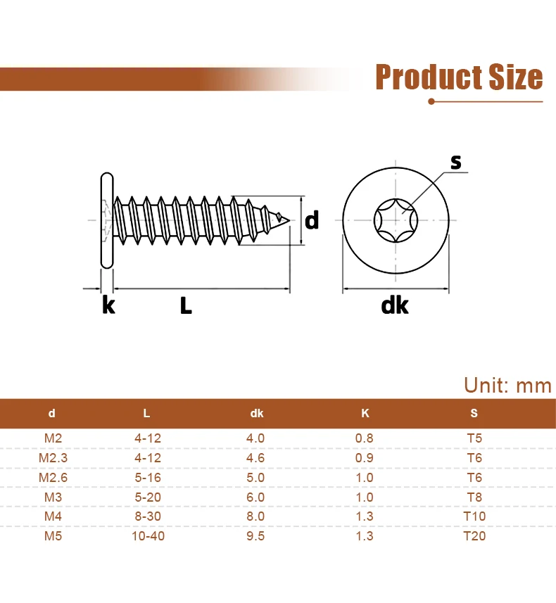 Black 304 Stainless Steel Torx Ultra Thin Super Low Flat Head Sheet Metal Self Tapping Screws M2 M3 M4 Six-Lobe Star Drive Screw