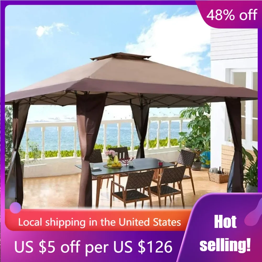 

13'x13' UV Block Sun Shade Gazebo Canopy With Hardware Kits Camping Tent Gazebo Shade for Patio Outdoor Garden Events Brown Mesh