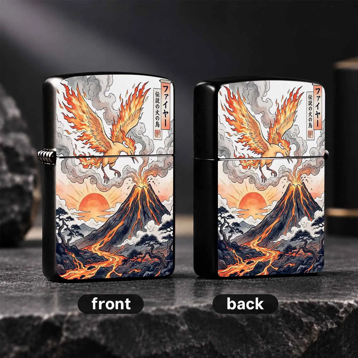 Japanese Ukiyo-E Style Legendary Fire Bird Lighter Volcano Sunset Pine Scenery Creative Decor Portable Practical Item For Daily Use Outdoor Home Office Unique Gift For Friends And Hobbyists Interesting And Humorous Lighters