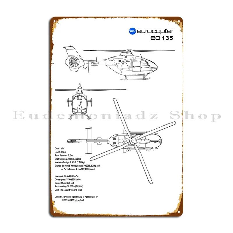 Eurocopter Ec135 Blueprint Metal Sign Poster Rusty Living Room Garage Printing Garage Tin Sign Poster