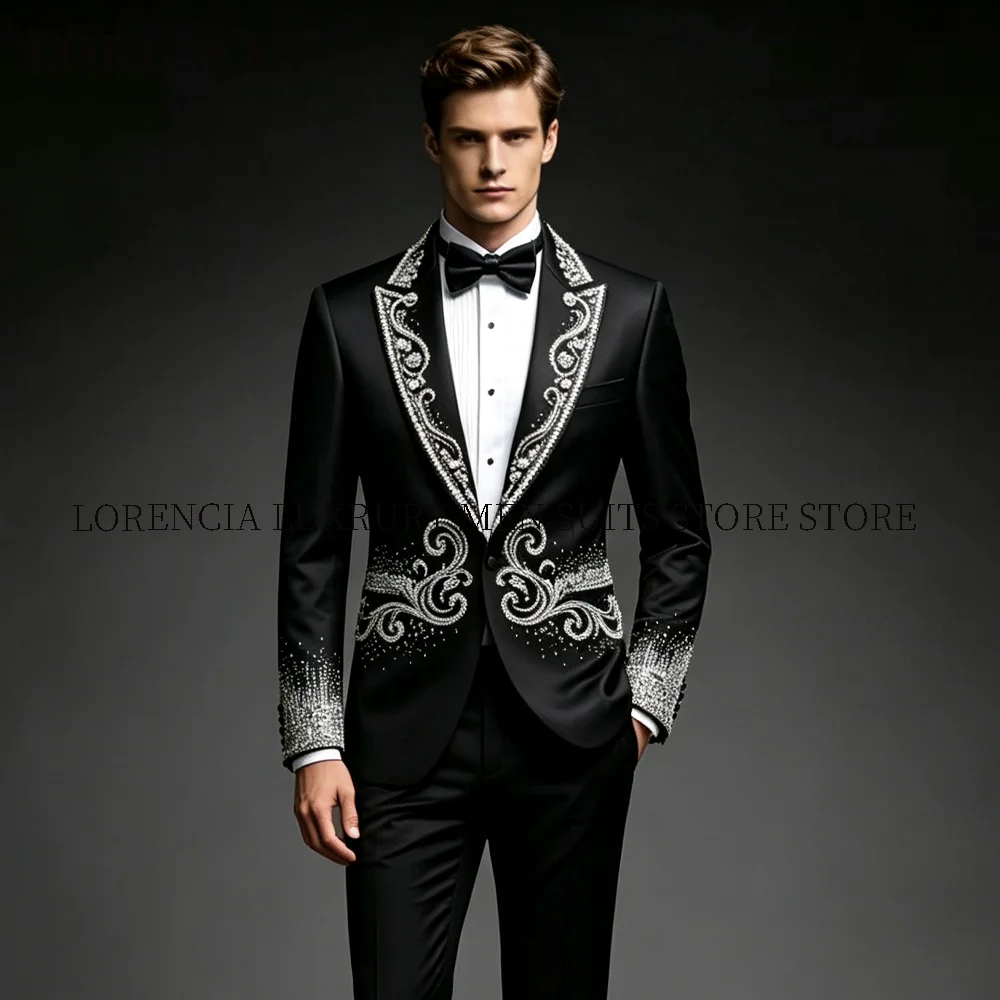 Customized Crystal Diamond Men Suit 2 Pieces Set Male Party Blazer Handmade Groom Wedding Tuxedos Slim Sequin trajes para hombre