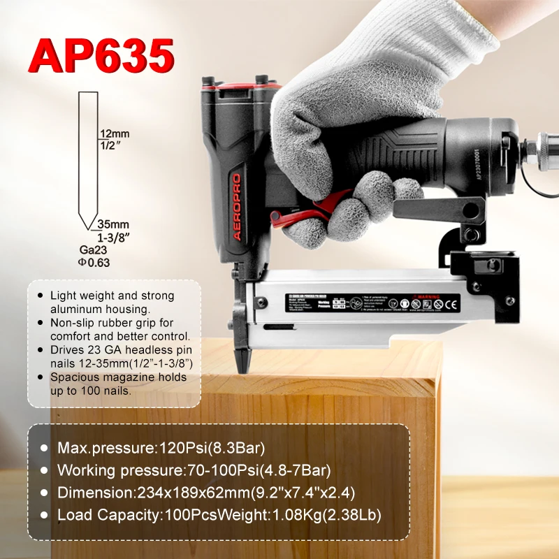 AEROPRO AP635 Pin Nailer 23 Gauge Air Power Pin Nailer 1/2”-1-3/8” Ideal for Cabinets Paneling Craft Work Picture Frame Assembly