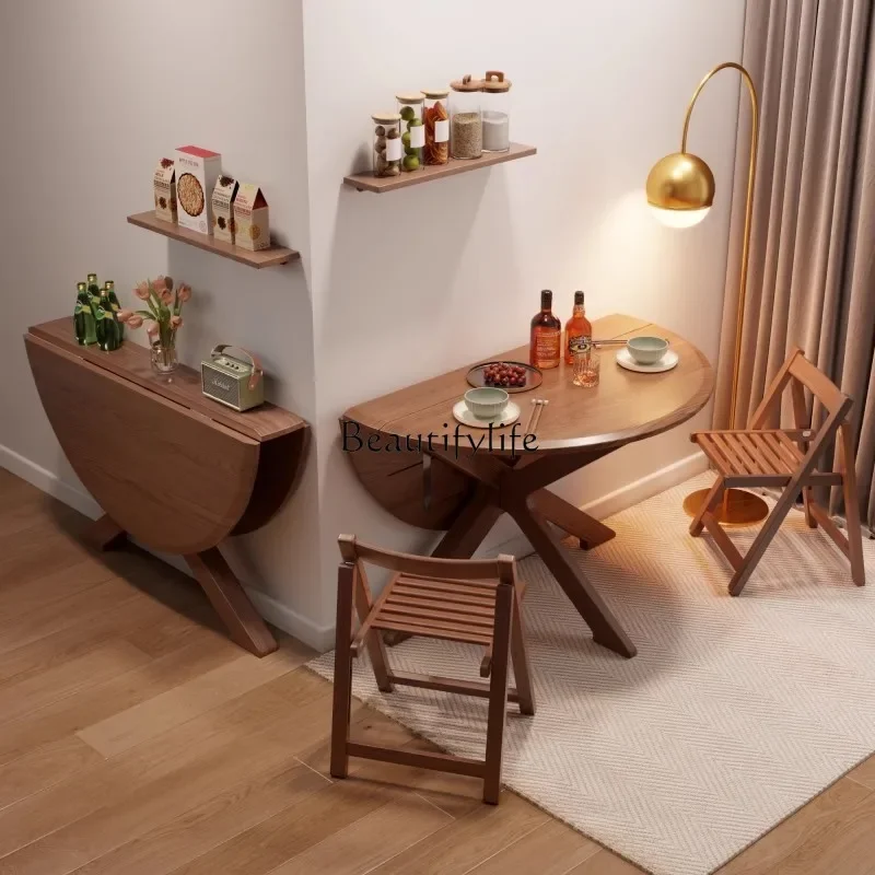 

lSolid wood folding round table New Chinese foldable dining table and chair combination