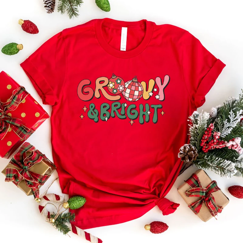 

New Christmas Groovy Bright T Shirt Christmas Groovy Bright Print T-Shirt Unisex Summer Casual O-Neck Lady Female Clothing Short