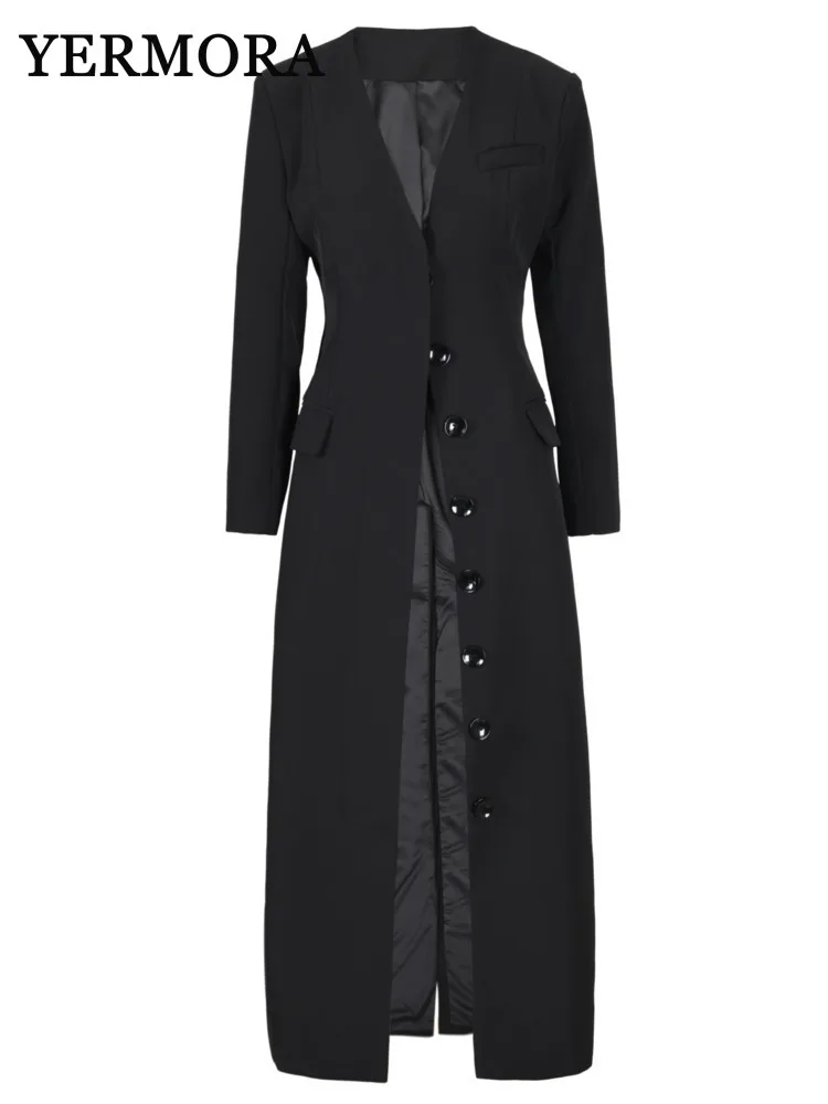 YERMORA Black Button Elegant Long Blazer Women New V-neck Long Sleeve Loose Fit Jacket Fashion Tide Spring Autumn 2024