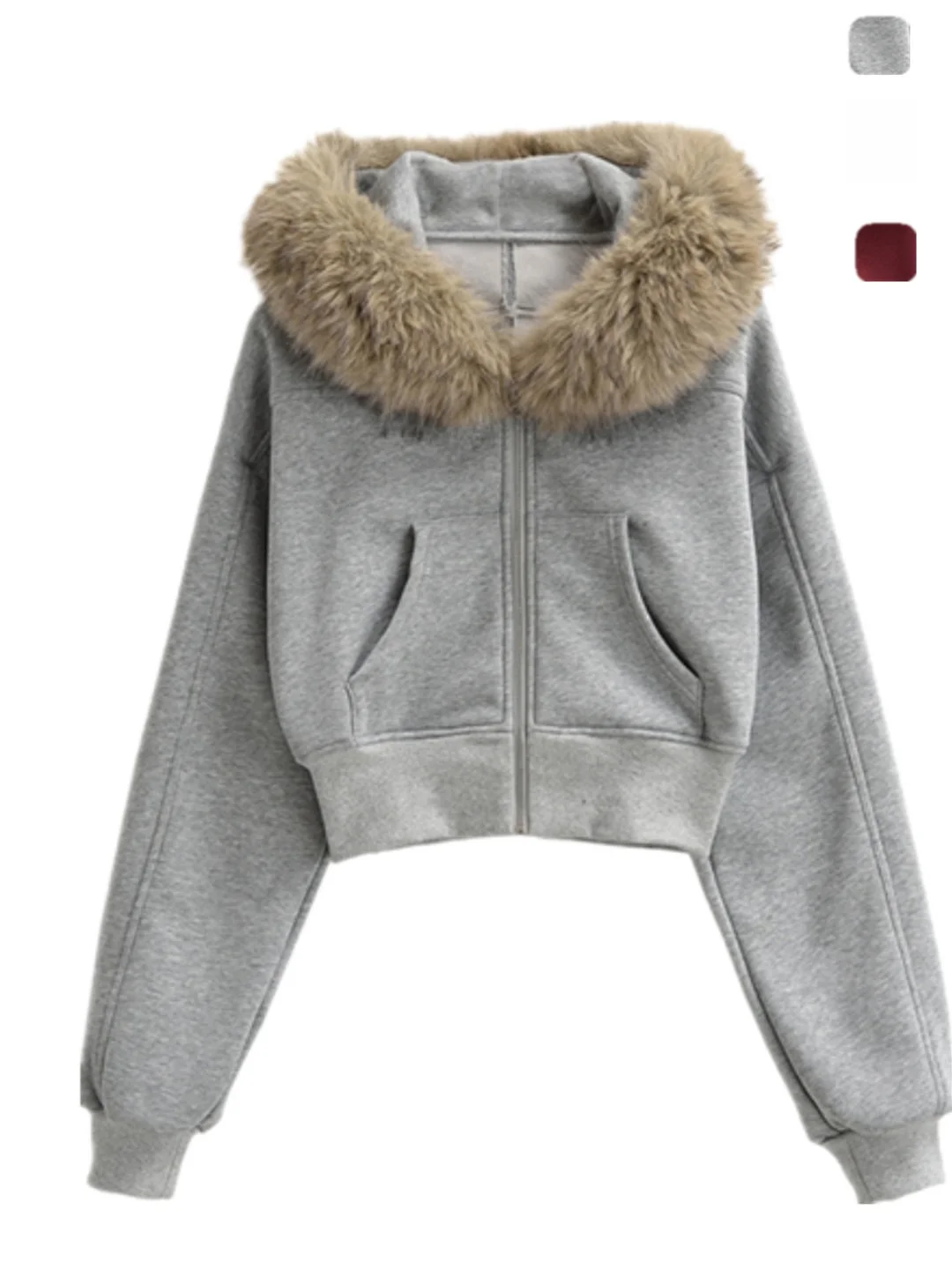 

Retro American Faux Fur Collar ort Warm Fce Zipper Open Cardigan Waist Cinching Slimming Casual Sweatirt Versatile Jac...