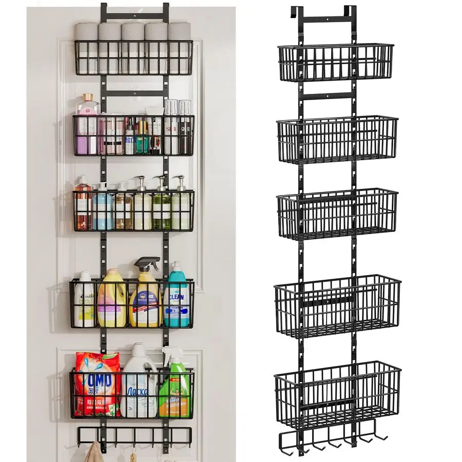 

Органайзер для двери, металлический подвесной органайзер с 5 проволочными корзинами и 7 крючками, настенная полка для кладовой и прачечной