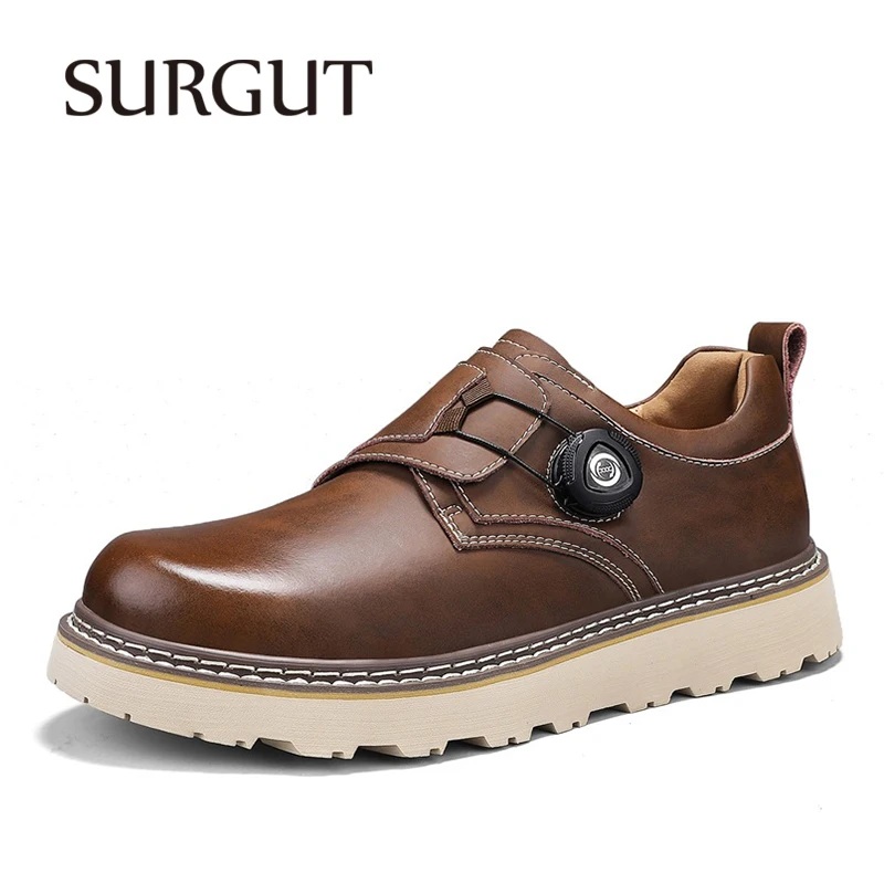 

SURGUT Trendy Men British Style Breathable Cow Leather BOA Quick Lacing Thickened Sole Stable Walking Daily Casual Shoes