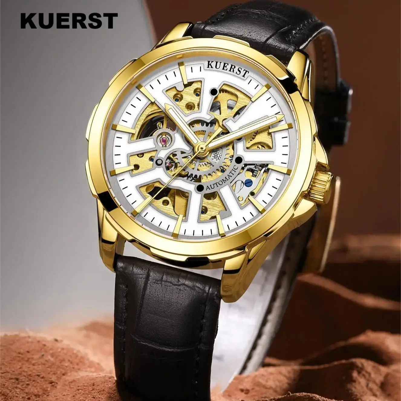 KUERST MEN\'S Belt Automatic Mechanical Watch Trend Hollow Design plus Luminous Hands Business Casual Multi-style