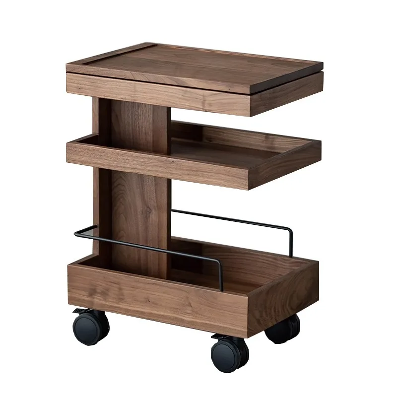 

Medieval style solid wood trolley, high-end black walnut edge table, mobile living room, home sofa, coffee table side cabinet