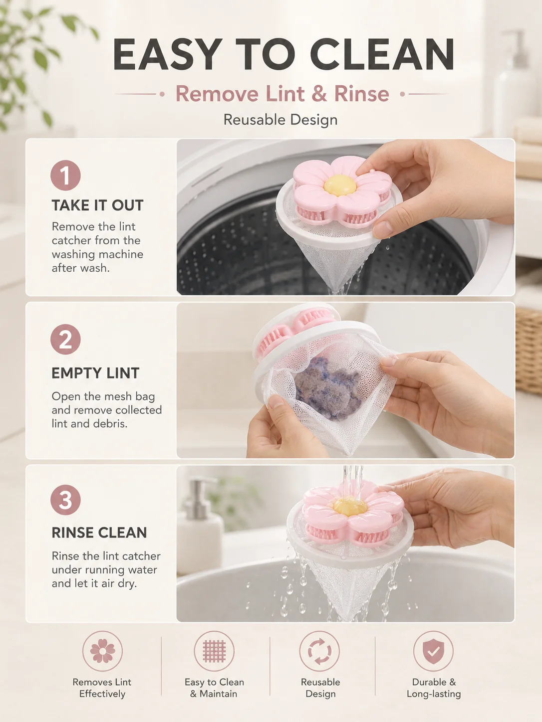 Daisy Laundry Lint Catcher, Plastic Fine Mesh Floating Hair Filter Bag, Cute Flower Washing Machine Filter For Home