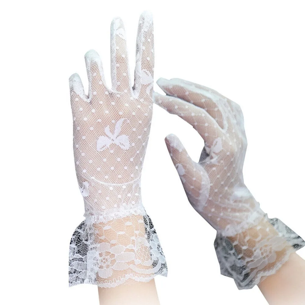 

Fashion Full Finger Bow Short Sunscreen Lace Gloves Transparent Mesh Bridal Gloves Anti-UV Breathable Tulle Mittens Women