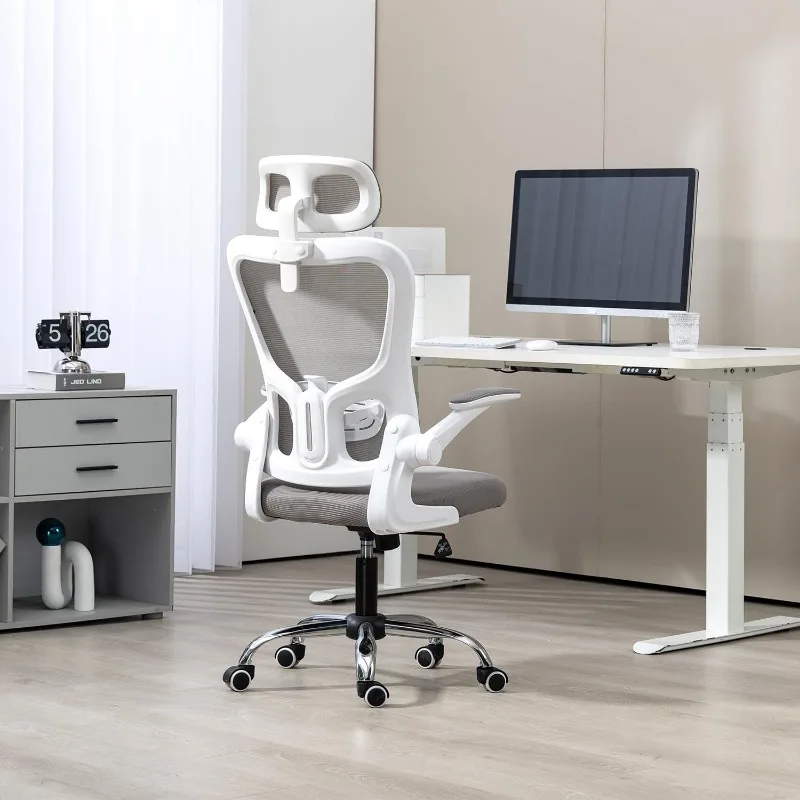 Silla ergonómica de oficina con respaldo alto, reposacabezas ajustable con respaldo de malla, reposabrazos acolchado abatible, silla giratoria de escritorio rodante, color gris