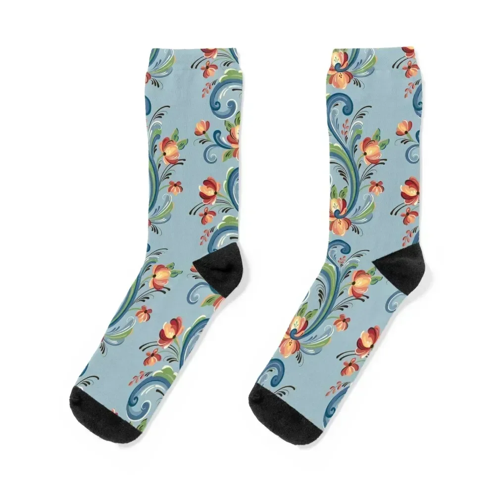 

Rosemaling Blue and Red Socks Lots japanese fashion cycling luxe Socks Women's Men's