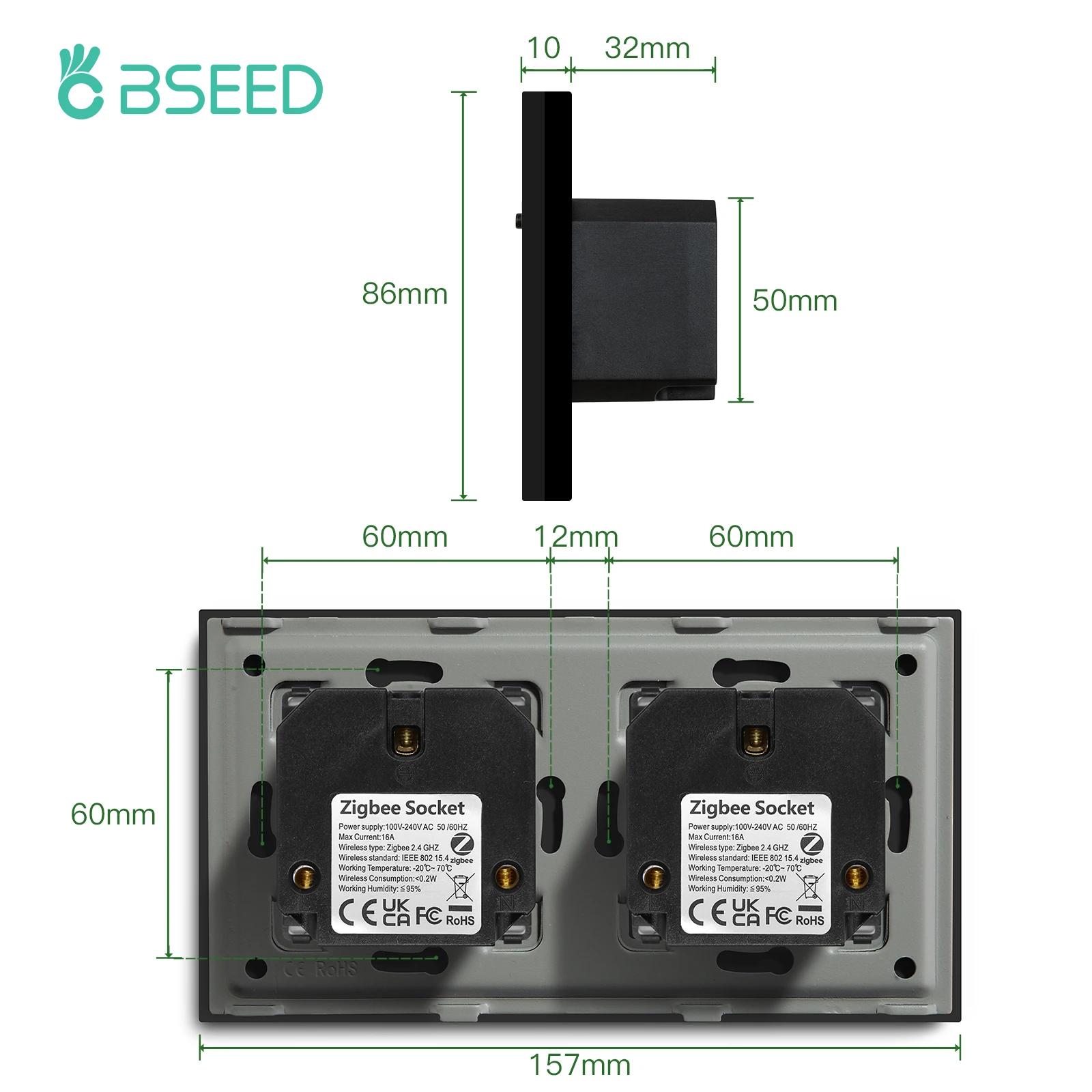 BSEED Zigbee Single EU Wall Socket Double Smart Power Sockets Triple Electric Outlets Power Monitor Tuya Smat Life Plastic Frame