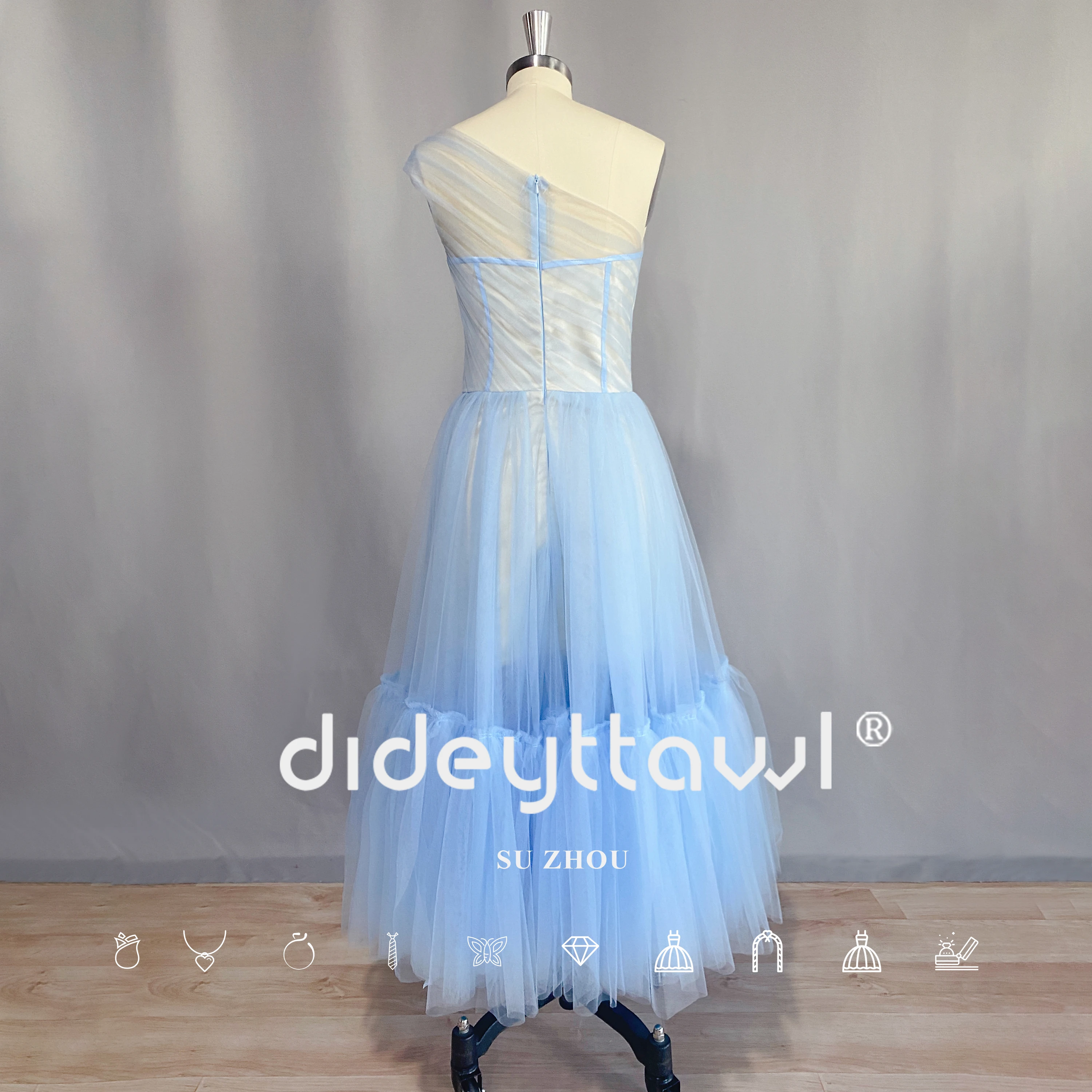 DIDEYTTAWL Real Photos Light Blue Sleeveless Tulle Prom Dress One Shoulder A Line Ruffles Ankle Length Simple Evening Gown