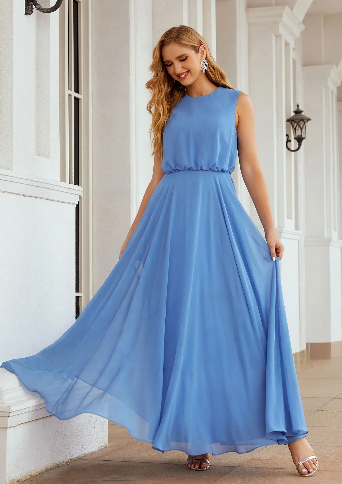 

Women Summer Sleeveless O-Neck Boho Dress High Waist A-Line Formal Party Maxi Gowns Elegant Party Dresses Evening Dresses