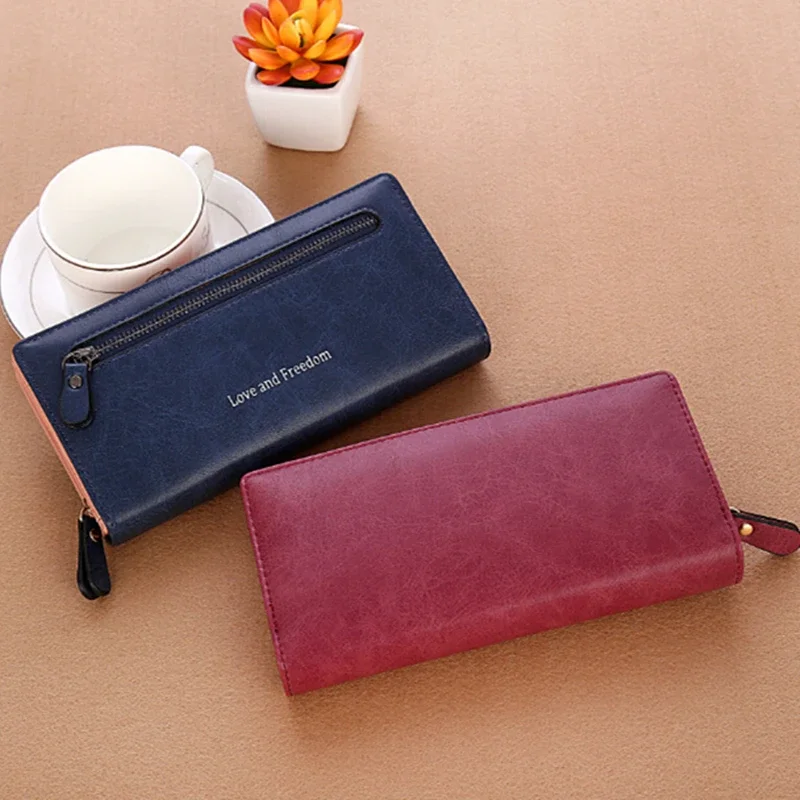 Fashion Women Long Thick Wallet Solid Color Clutch Large Capacity Rectangle Phone Pocket Money Bag Ladies PU Leather Coin Purse