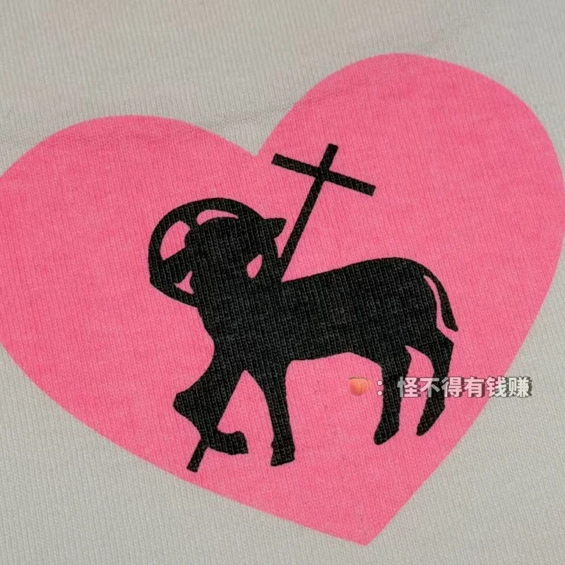 Authentic SAINT Pink Heart Print Tee Trendy Summer Crew Neck Men's Women's Cotton Short-Sleeve Tops