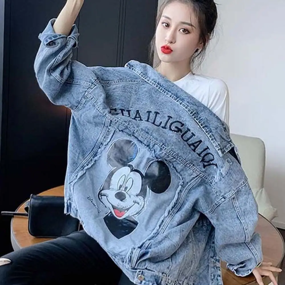 Wiosna Jesień Mickey Cartoon Denim Jacket Top Woman Korean Simple Loose Jean Coats for Women Trendy Button Long Sleeve Outwear