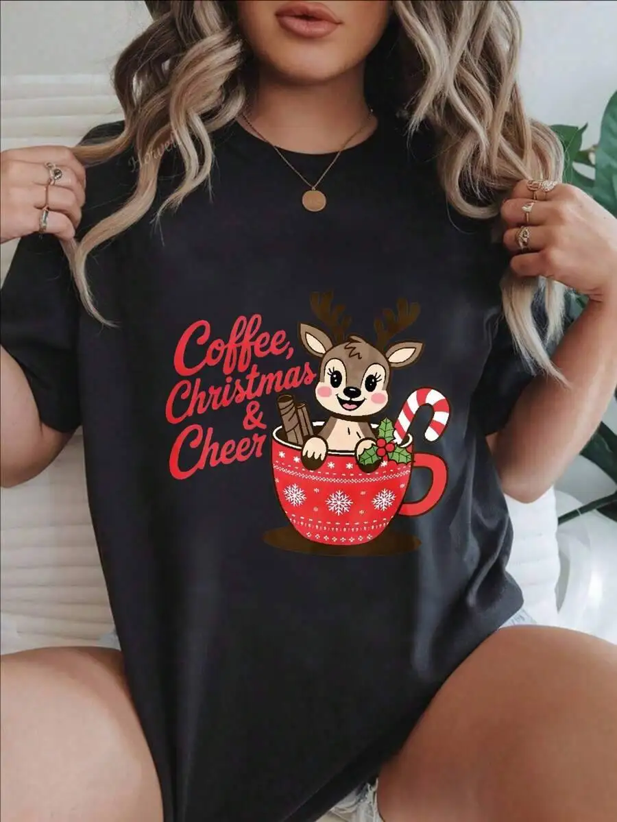 Coffee Christmas Cheer Reindeer Mug Candy Cane Women's Fashionable Print Casual T-Shirt Suitable For All Seasons -Black 100% Cotton Trendy Y2K Short-Sleeve Tee-Soft, Quick-Drying, Moisture-Wicking;  Great Gift for Christmas or Halloween.