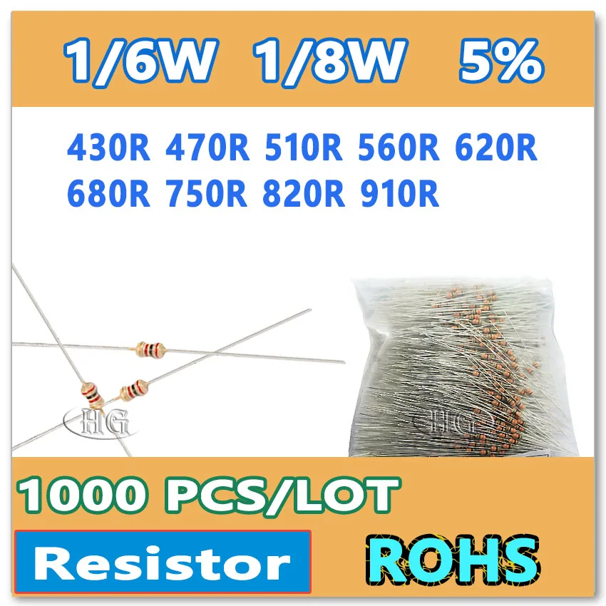 JASNPROSMA 1000 PÇS/LOTE 5% 1/6W 1/8W 430R 470R 510R 560R 620R 680R 750R 820R 910R filme de carbono DIP OHM Nova cor anel resistor
