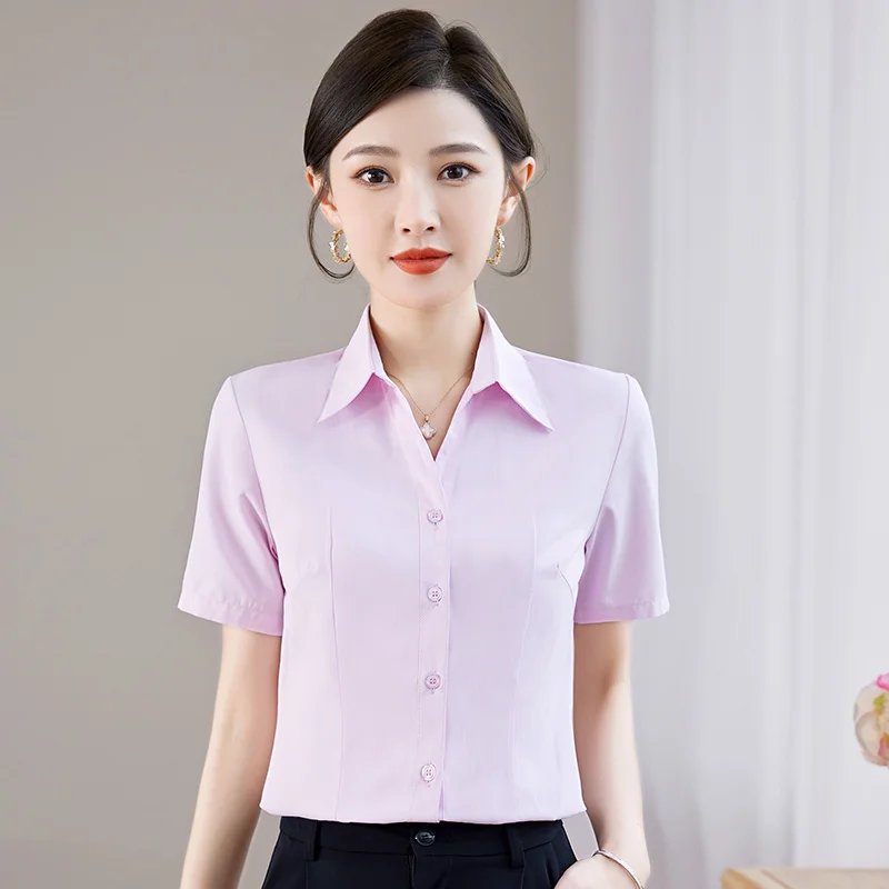 New Women's Summer Fashion Versatile Short sleeved Top Female Trendy Thin Flip Collar Slim Commuting Professional Shirt Lady