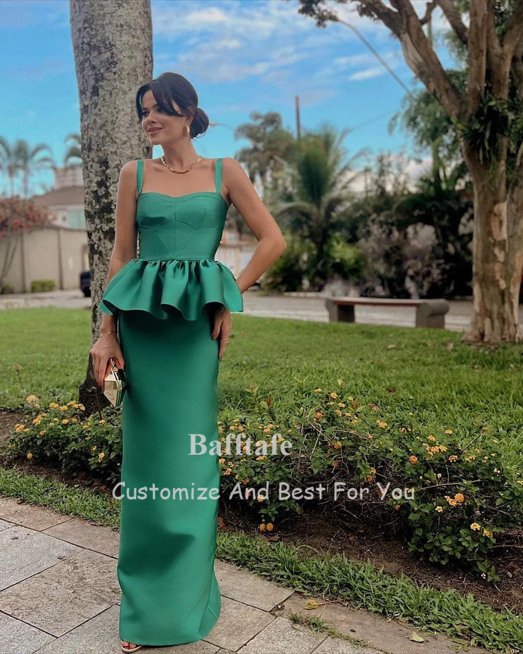 Bafftafe Green Satin Sheath Prom Dresses Women Formal Evening Gowns Spaghetti Strap Floor Length Wedding Party Dress Customized