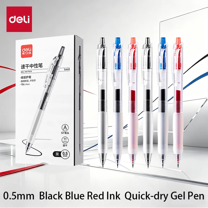 Deli 12pcs 0.5mm Black Red Blue Ink Quick-drying Gel Pens School Student Supplies Office Supplies Stationery Signing Pen Gift
