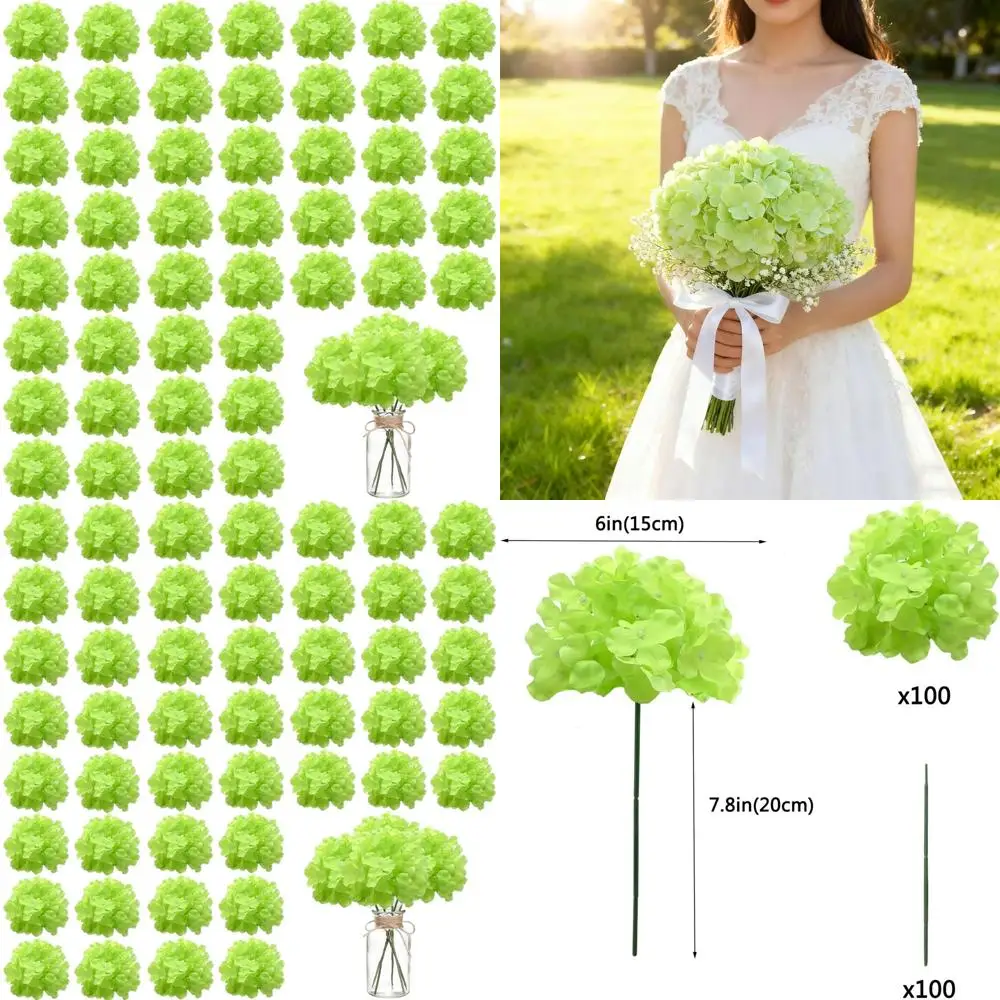 

100 Pack Green Silk Hydrangea Flowers with Stems for Weddings, Home Parties, and Baby Showers