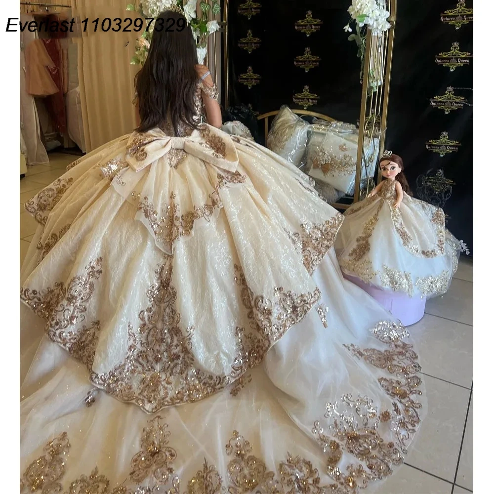 EVLAST ที่กําหนดเองทองงาช้างลูกไม้ Quinceanera Ball Gown ดอกไม้ Applique ลูกไม้รัดตัวหวาน 16 Vestidos De 15 Anos TQD841