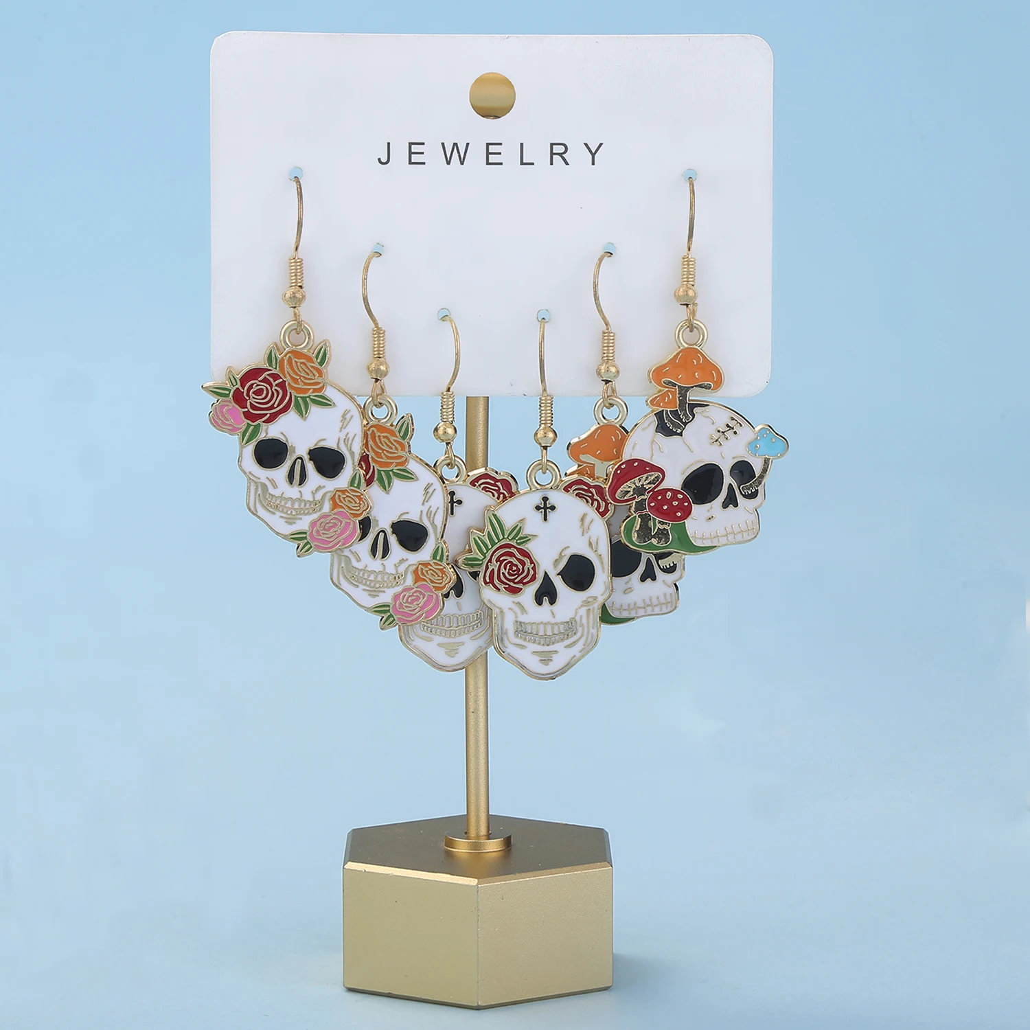 3 Pairs of Alloy Enamel Colored Halloween Flower Skull Dangle Earrings Set Charms And Interesting Jewelry Girl Gift