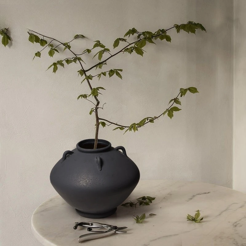 Big-bellied coarse pottery retro and old ceramic vase ornament, high-end new Chinese decoration pottery pot