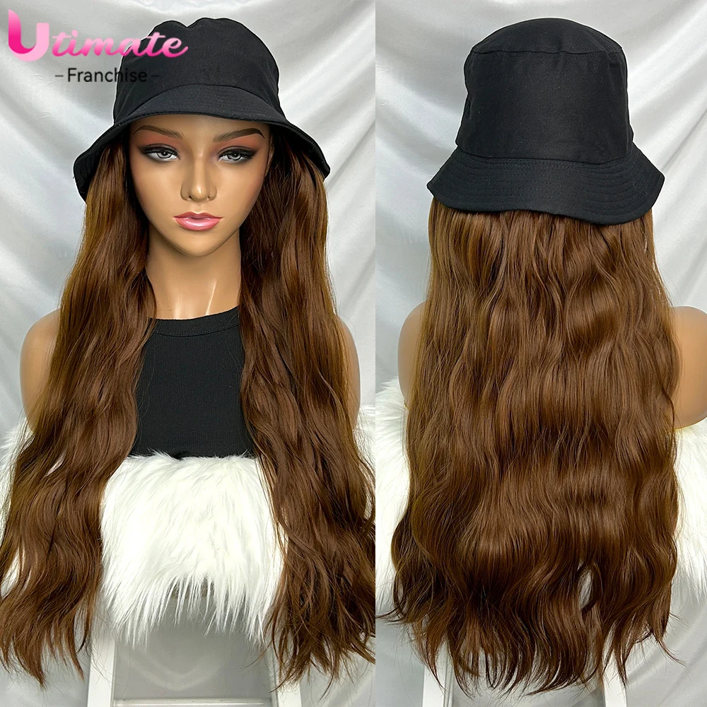 22 Inches Long Wavy Hat Wig Synthetic Bucket Hat Wig Fisherman Hat Wig Women's Water Wave Wig Brown Hat Wig Hair Extensions