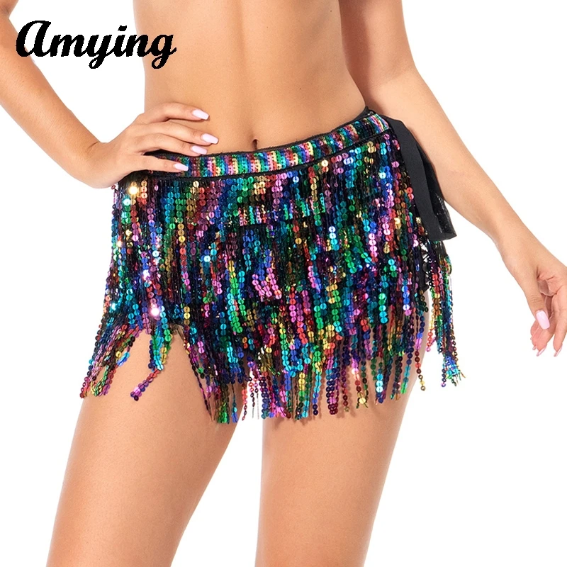 Sequins Tassel Hip Scarf Festival Performance Costume Indian Belly Dance Practice Costume  Training Suit Halloween Rave Costume