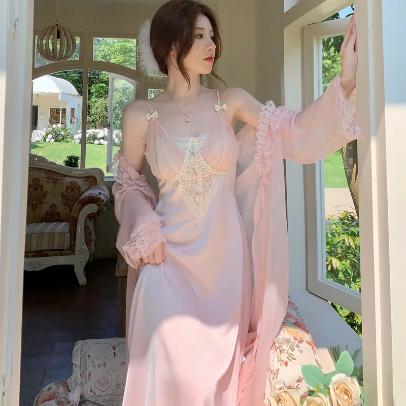 Sexy Solid Color Peignoir Fairy Women Satin Nightdress Two Pieces Romantic  Princess Sleepwear Summer Sweet Ice Silk Robe Sets