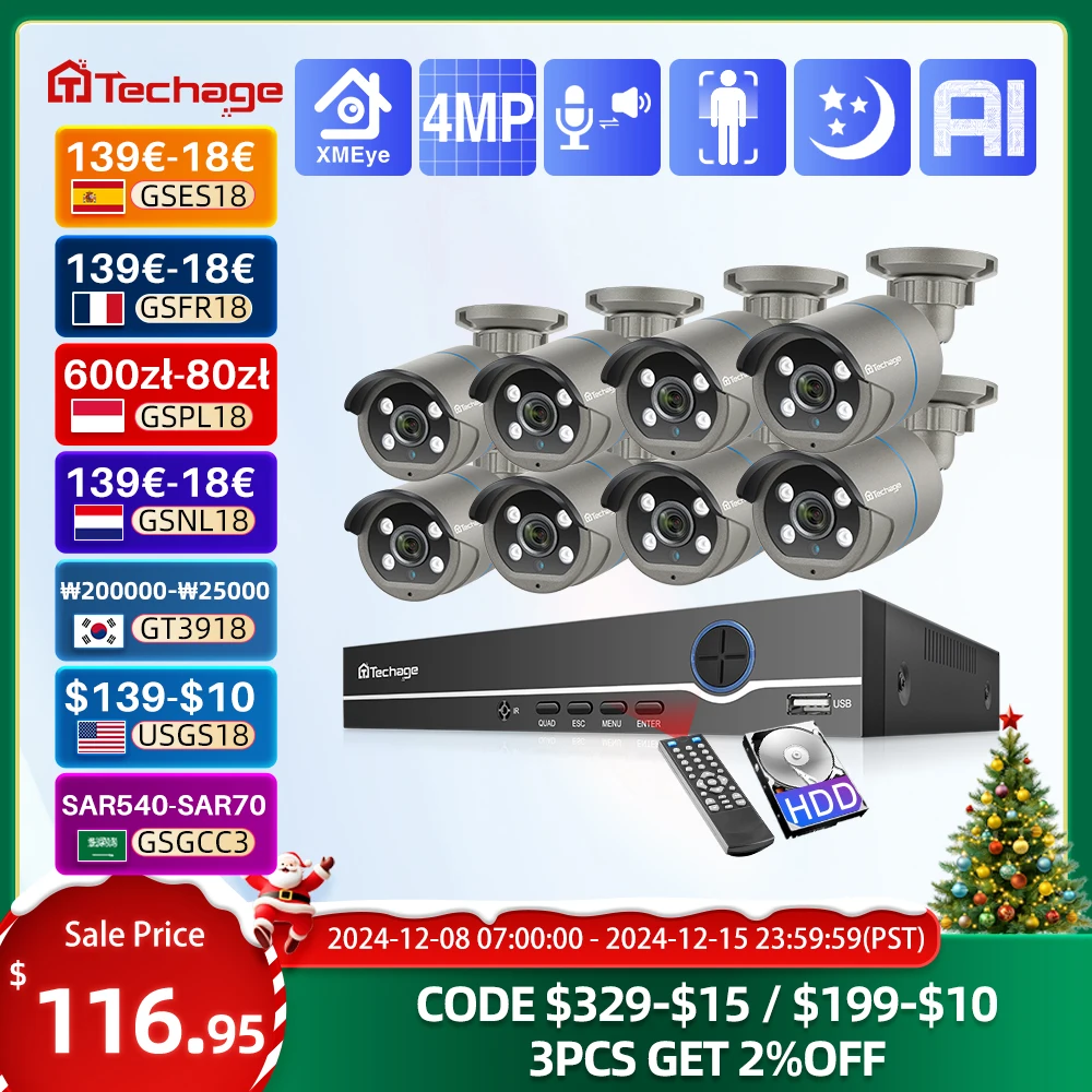 Techage 8ch 4MP Poe CCTV system kit AI audio recording face recognition IP camera H.265 CCTV video NVR