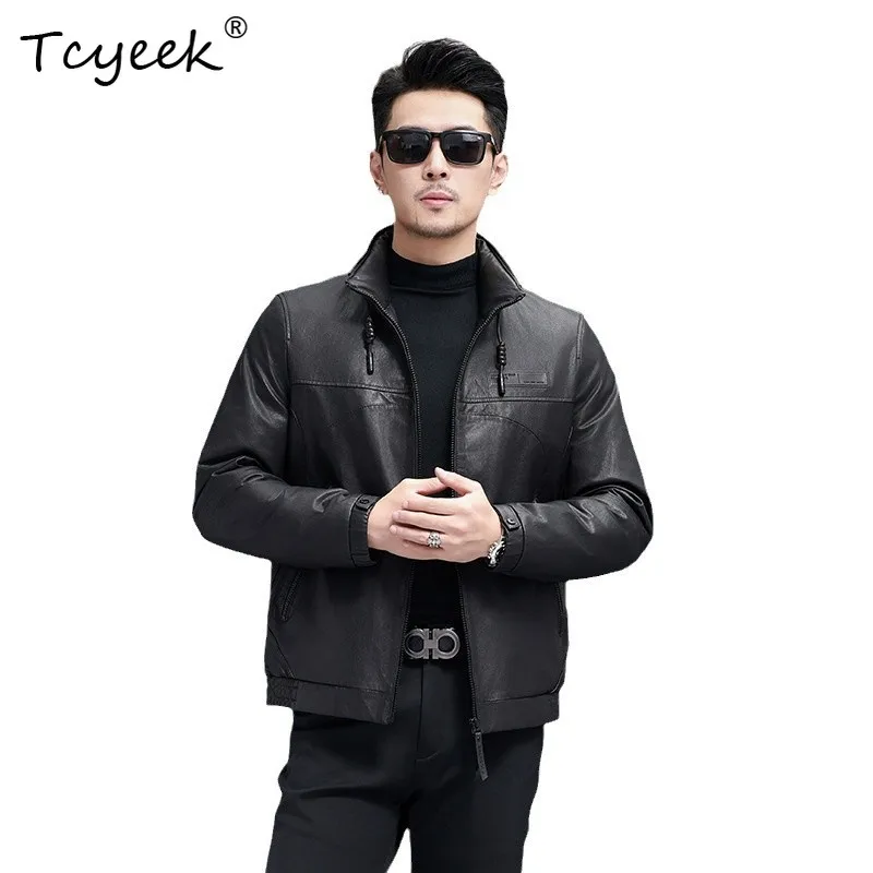 

Tcyeek Soft Sheepskin Autumn Winter Lapel Trendy White Duck Down Black Men's Genuine Leather Jacket Jaqueta De Couro Masculina