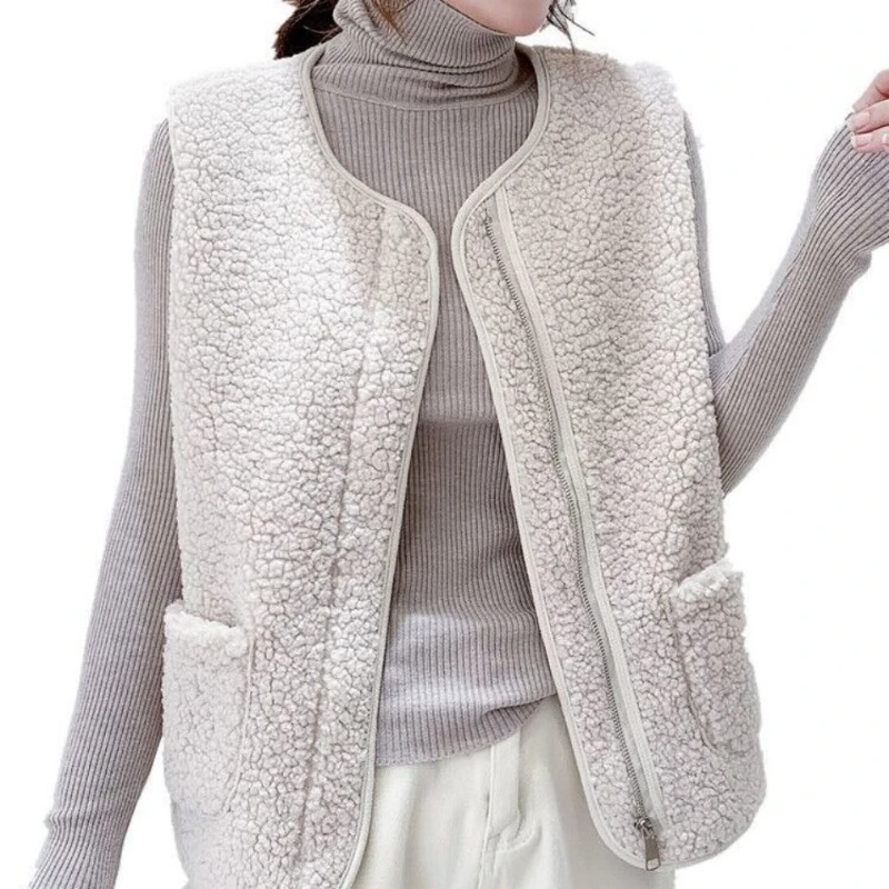 

Vests New Spring Autumn Women Button Waistcoat Lamb Hair Winter Thermal Warm Thick Fleece Vests Sleeveless Jacket Ladies Coats