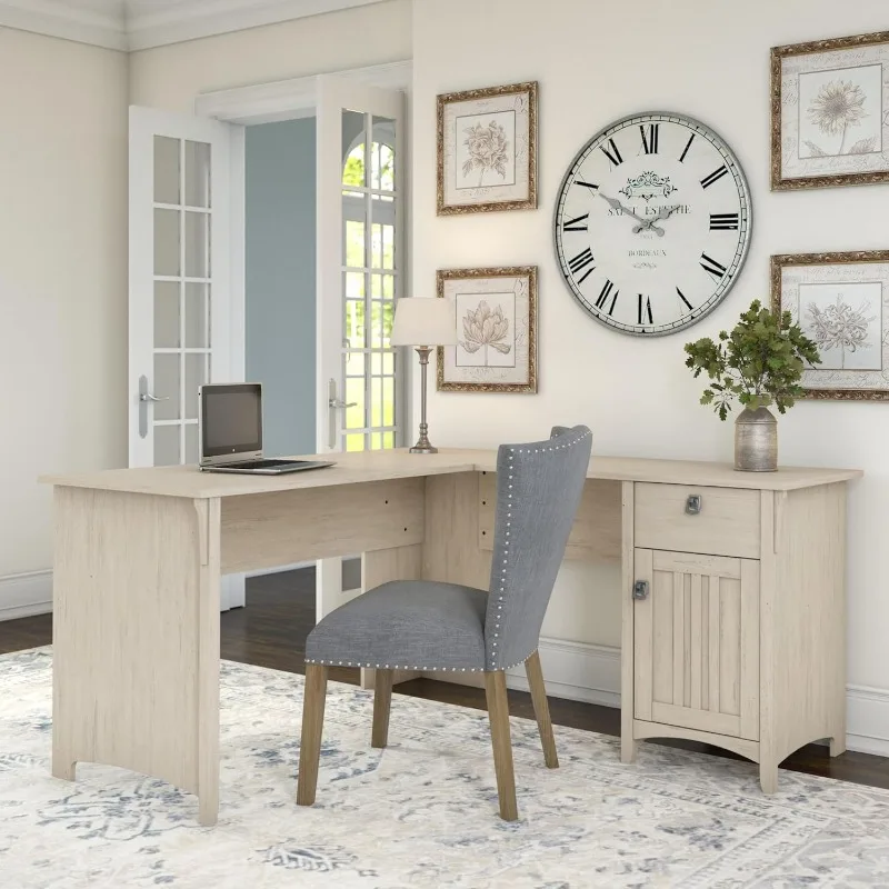 L-vormig bureau met opbergruimte in antiek wit |   Moderne boerderij hoektafel met lades en kasten tbv
