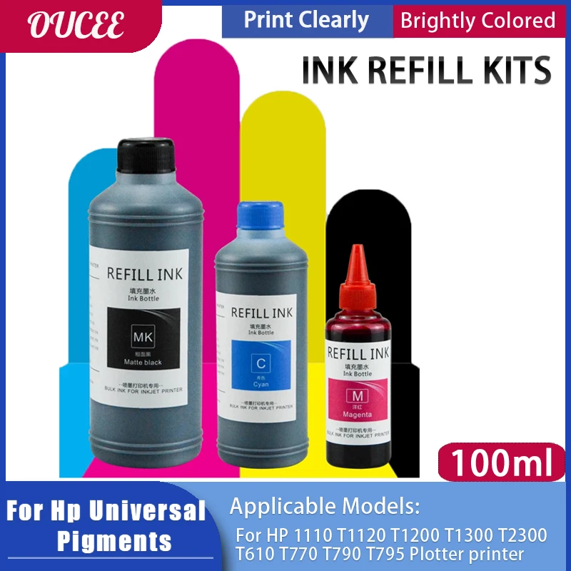 

100ML Pigment Ink Refill Ink For Hp Universal Pigments 1110 T1120 T1200 T1300 T2300 T610 T770 T790 T795 Plotter Printer