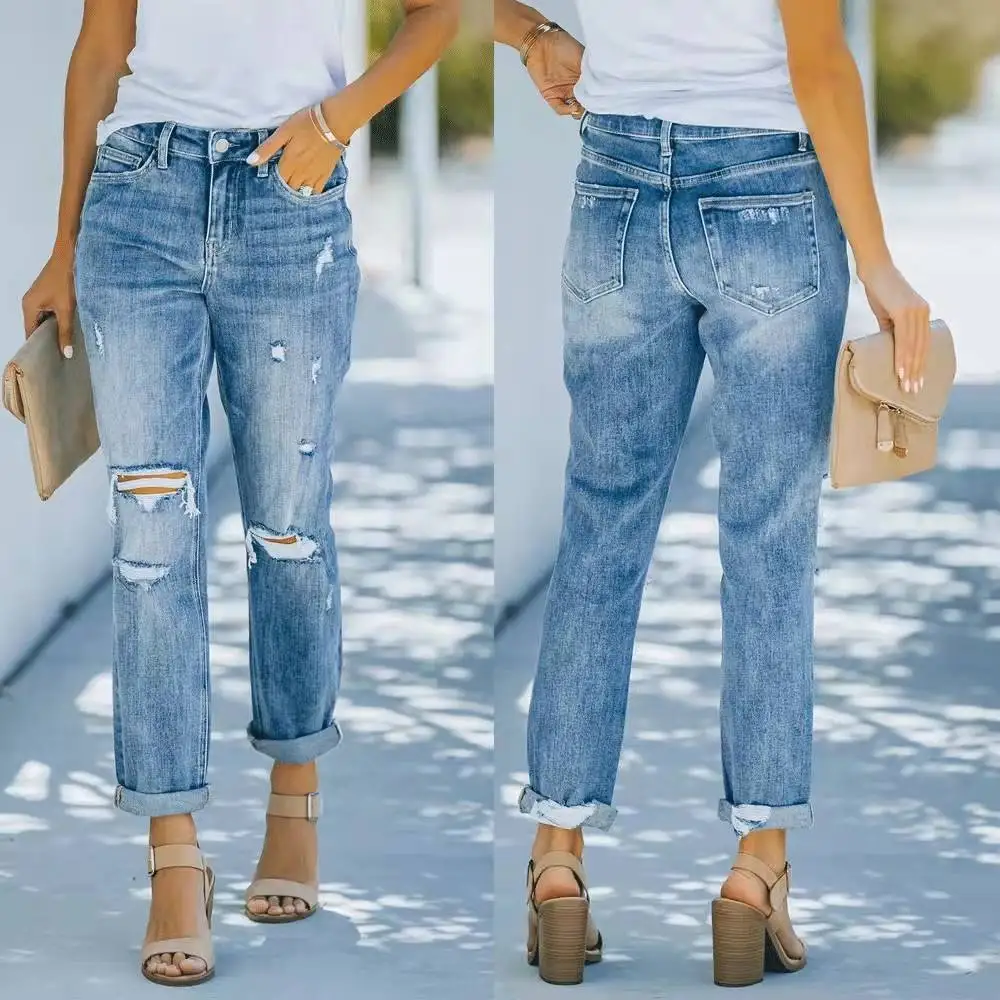 

Women's Denim Jeans Fashion Trend Hole Breaking Women's Trousers Blue Jean Trouser