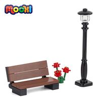 MOOXI City MOC Building Block Parts House Furniture Compatible Action Figure DIY Kids Toys Park Bench Street Lamp Bricks MOC0017