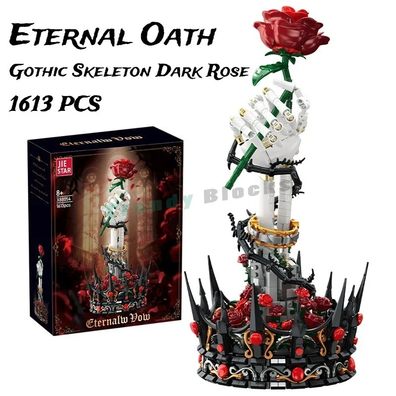 1613PCS Retro Eternal Oath Gothic Skeleton Dark Rose Building Blocks,Thorns Flower Crown Romantic Ornament DIY Toy Birthday Gift