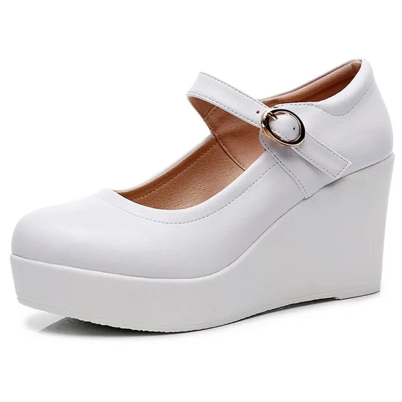 Genuine Leather Shoes Platform Wedges Mary Janes Women Spring 2024 High Heels Pumps for Office Model