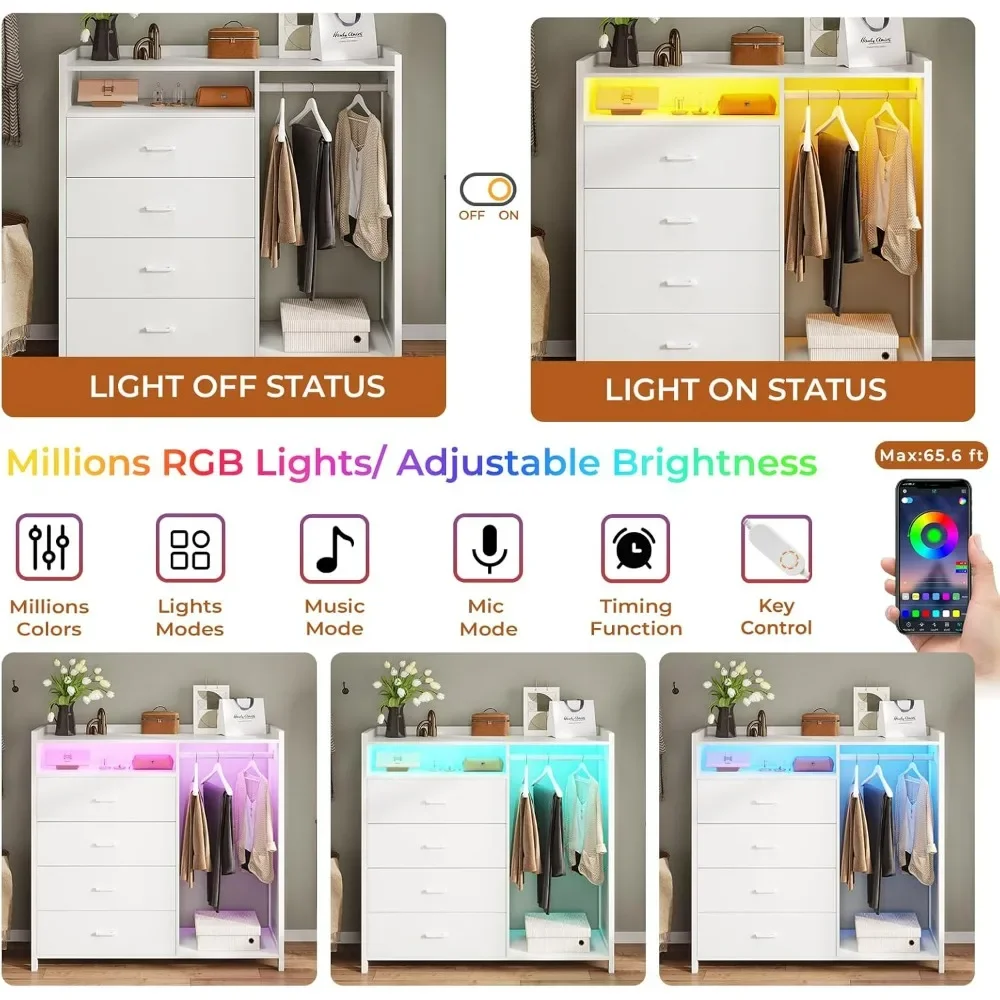 Dresser for Bedroom with Clothing Rack, Dressers& Chests of Drawers, 4 Drawer Dresser with LED Lights, Modern Long Led Dresser